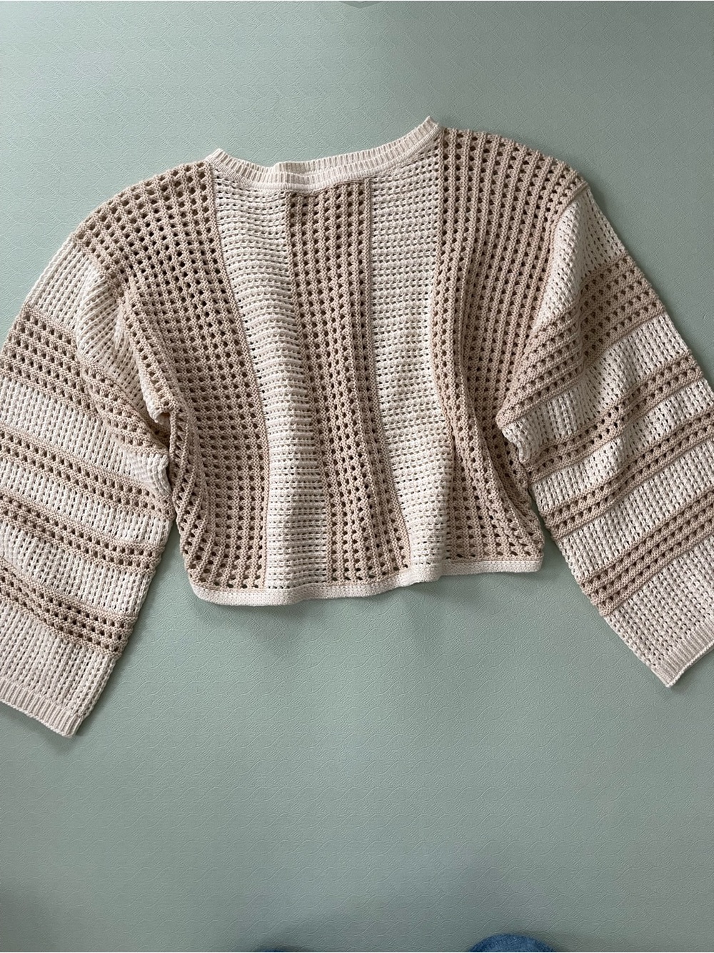 Crochet Crop Sweater in Cream & Tan Stripes Sz M